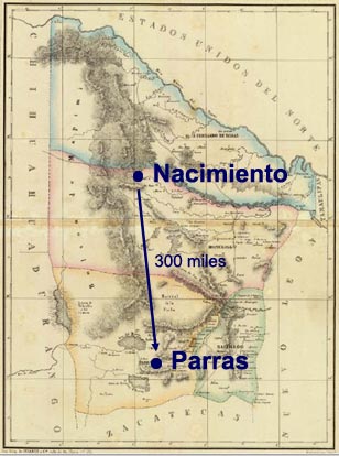 Map of Coahuila showing Nacimiento and Parras