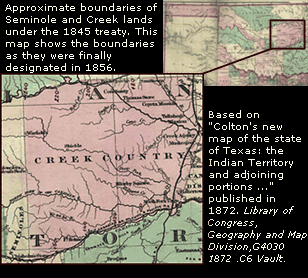 Map showing Creek and Seminole reservations in 1872, based largely on divisions outlined in the 1845 Creek-Seminole treaty