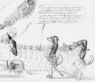 Detail from cartoon depicting Secretary of War Poinsett with Bloodhounds