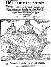 Title page of 1587 account of Drake's voyage