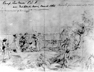 1861 sketch of army camp at Las Moras Springs, Fort Clark, Texas