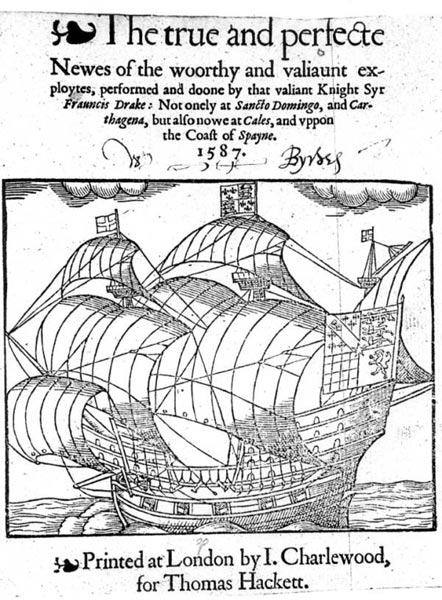 Title page, Drake's true and perfecte voyage, 1587