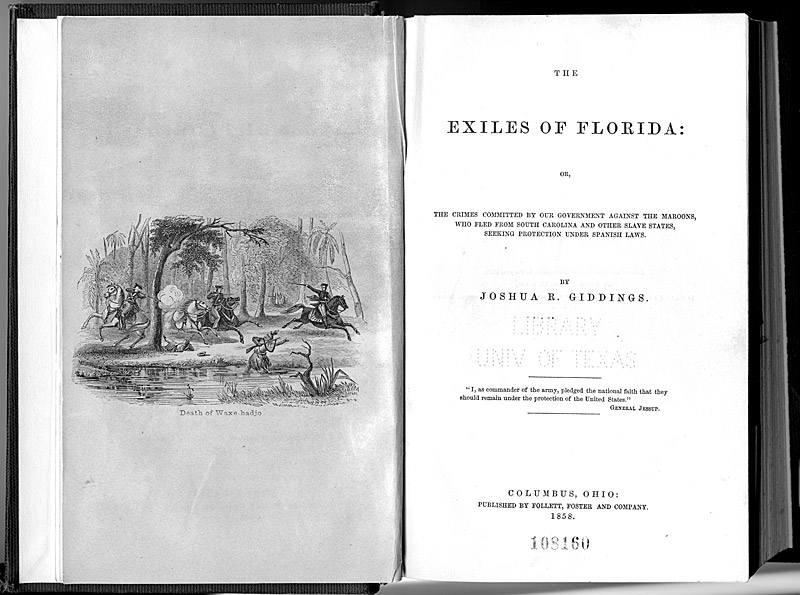 Frontispiece and title page from The Exiles of Florida, by Joshua Reed Giddings