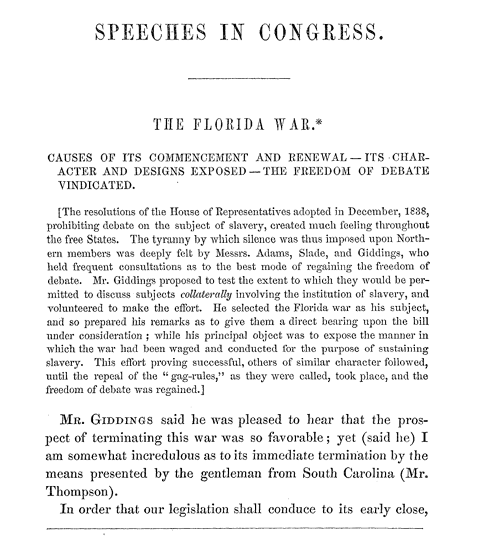 First page of Giddings' speech on the Seminole war