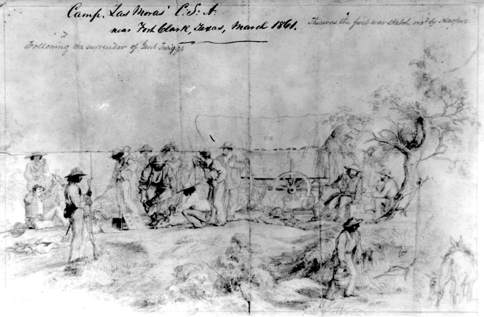 1861 sketch of army camp at Las Moras Springs, Fort Clark, Texas